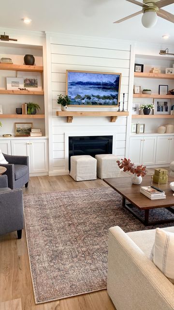 Shelves Framing Tv, Tv Size Above Fireplace, Tv Bump Out Wall No Fireplace, Built In Fire Place With Tv Above, Wood Fireplace With Tv Above, Tv Above Electric Fireplace, Frame Tv Mounted Above Fireplace, Framed Tv Over Fireplace, Living Room With Built Ins And Fireplace