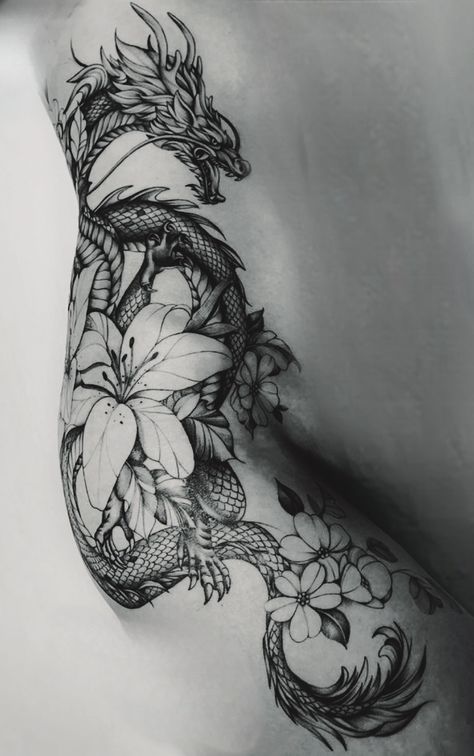 Tattoo Ideas Dragon Thigh, Snake And Flower Hip Tattoo, Thigh And Hip Tattoos Women Unique, Tattoo Ideas Inner Thigh, Thigh To Waist Tattoo, Leg Tattoos Women Dragon, Hip Tattoos Women Dragon, Dragon Hip Tattoos Women, Thigh To Rib Tattoo