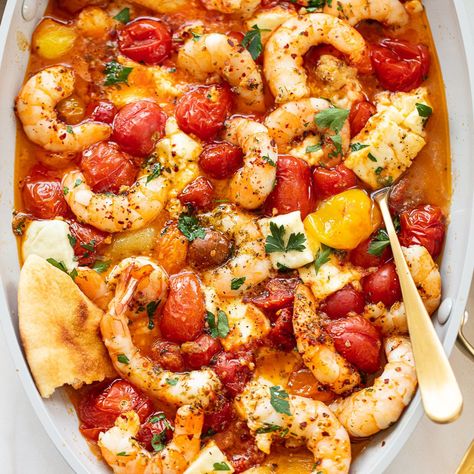 Baked-Feta-Shrimp-with-Tomatoes Feta Shrimp, Salad Appetizer Cups, Cherry Tomato Recipes, Tomato Recipe, Baked Feta, Cherry Tomato Pasta, Roasted Shrimp, Feta Recipes, Baked Tomatoes