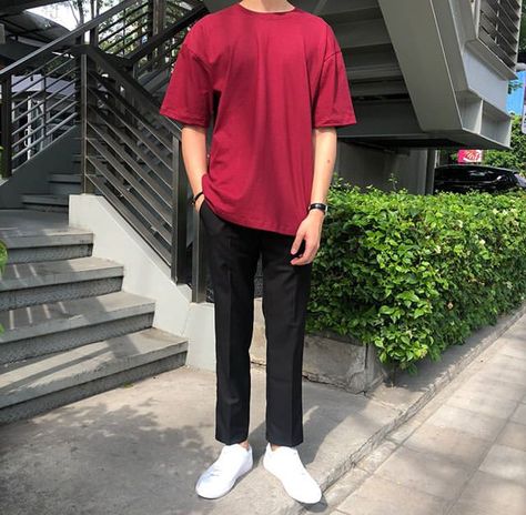 Boyfriend Outfit Men Simple, Korean Simple Outfits Men, Red Tshirt Outfit Mens, Ootd Pria Simple, Red Tshirt Outfit, Ootd Men Outfits, Ankle Pants Outfit, Vest Outfits Men, Kpop Fashion Men