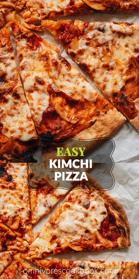 Asian Pizza Recipes, Kimchi Pizza Recipe, Fusion Pizza, Kimchi Dishes, Asian Pizza, Kimchi Pizza, Easy Kimchi, Pasta Restaurant, Fermented Cabbage