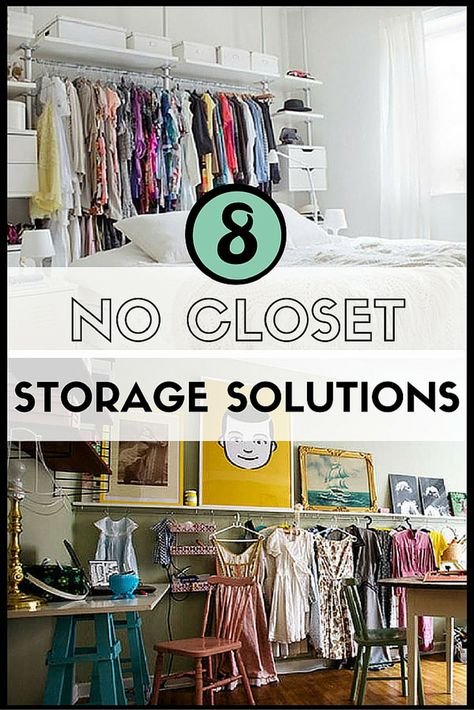 No closet? No problem. Try one of these DIY storage solutions for a closet-less room. You very well could leave it all out in the open. Diy Open Closet Small Spaces, No Coat Closet Solutions Hanging, Diy Closet For Hanging Clothes, Diy Closet No Closet, Closet Room Ideas Rental, Tiny Bedroom Clothes Storage, Temporary Storage Ideas Bedroom, Diy Clothes Rod Without A Closet, No Closet Apartment Solutions