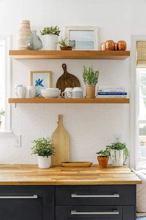 How to Effortlessly Style Open Kitchen Shelves in 5 Easy Steps Styling Open Kitchen Shelves, Decorating Above Kitchen Cabinets, Oak Floating Shelves, Floating Shelf Decor, White Kitchen Backsplash, Kitchen Details, Open Kitchen Shelves, Small Kitchen Decor, Design Your Kitchen