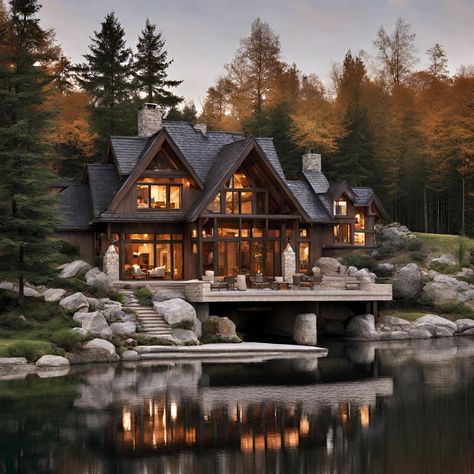 Evening Photo, Mountain Dream Homes, House Flippers, Modern Lake House, Dream Life House, Casas Coloniales, Rustic Home Design, Barn Style House, Fantasy House