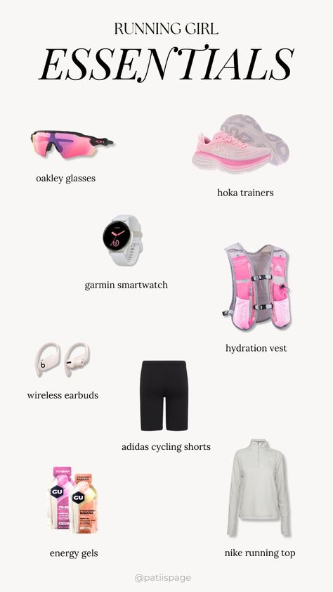 Running girl essentials, running girlie, pink aesthetic, long run, equipment, activewear, gear, Smartwatch, long sleeve, energy gels, Hoka trainers, Oakley glasses, running sunglasses, hydration vest, earbuds, cycling shorts, running shorts, compression socks, GPS watch, sports bra, running tights, foam roller, yoga mat, resistance bands, recovery sandals, nutrition supplements, trail running shoes, running socks, sunscreen for runners, blister prevention, fitness tracker, running hat, running gloves, windbreaker jacket, lightweight running jacket, and sports sunglasses #RunningGirlEssentials #PinkAestheticRun #LongRunGear #RunningGear #ActivewearStyle #RunningLife #RunnersWorld #FitnessGear #HokaTrainers #OakleySunglasses #HydrationVest #EarbudsForRunning #CyclingShorts #RunningShorts Amazon Running Essentials, Running Gear Aesthetic, Running Essentials Aesthetic, Running Pink Aesthetic, Runners Essentials, Pink Running Outfit, Runner Essentials, Running Clothes Winter, Running Essentials For Women