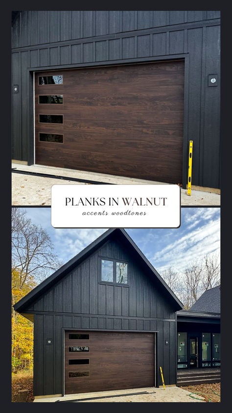 planks faux wood steel garage doors by c.h.i. overhead doors in walnut accents woodtones on black exterior Garage Door Skins Wood, Black House Brown Garage Door, Barndominium Black Garage Doors, Dark Brown Garage Doors, Mountain Modern Garage Doors, Barndominium Glass Garage Door, Brown Garage Door, No Sag Garage Doors Barn Wood, Walnut Accents