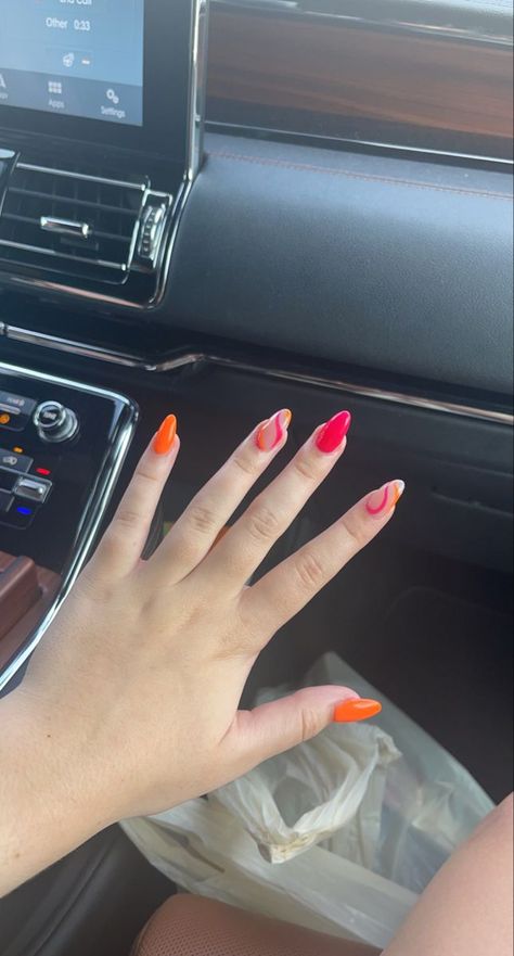 #nails #summernails #swirlynails #acrylic #acrylicnails #nailart #naildesign #orange #pink #almond #almondnails Orange Almond Nails, Zodiac Nails, Moon Nail Art, Grad Nails, Almond Shaped Nails Designs, Bright Summer Acrylic Nails, Pink Summer Nails, Almond Acrylic, Moon Nails