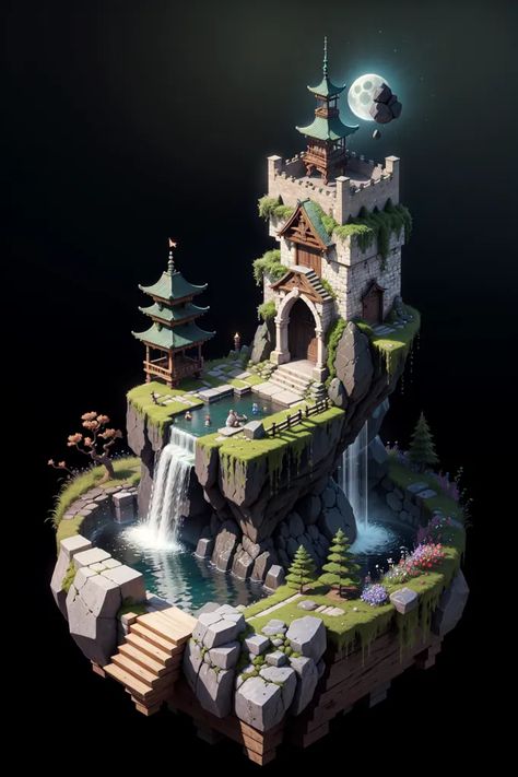 The image is a 3D rendering of a castle on a rocky cliff. The castle is made of gray stone with green accents and has a pagoda-style roof. There is a waterfall on the left side of the castle, and a small pool of water at the bottom of the waterfall. There are some trees and flowers on the cliff, and a small dock extending out from the cliff. The background is a dark blue sky with a full moon. Tiny Glade, Small Dock, Rocky Cliff, Dark Blue Sky, Trees And Flowers, Castle Art, The Cliff, Small Pool, A Castle