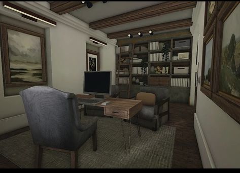 Dark Academia Room Bloxburg, Bloxburg House Idea Realistic, Dark Academia School Bloxburg, Suburban Bloxburg Interior, Suburban House Decor, Rustic Mansion Bloxburg, Bloxburg Window Seat Ideas, Rustic Bloxburg Living Room, Bloxburg Rustic House Ideas