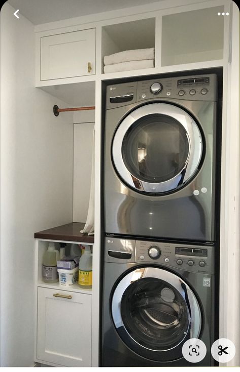 Hallway Laundry Closet Stackable, Laundry Tower Cabinet, Narrow Stacked Laundry Room, Stacked Laundry Small Space, Laundry Room Closet Ideas Stackable, Stacked Washer Dryer Laundry Room Small Modern, Stackable Washer Dryer Small Space, Stacked Laundry Closet Organization, Ikea Laundry Room Storage