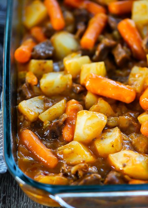 This Oven Baked Stew is a hearty meal all in one pan. Filled with carrots, potatoes and tender stew meat, this dinner will win hearts all around the table! Beef Stew Baked In Oven, Baked Stew Meat, Diced Beef Recipes Quick, Meals With Stew Meat, Oven Baked Stew, Baked Stew, Oven Baked Beef Stew, Oven Stew, Beef Stew Recipe Oven