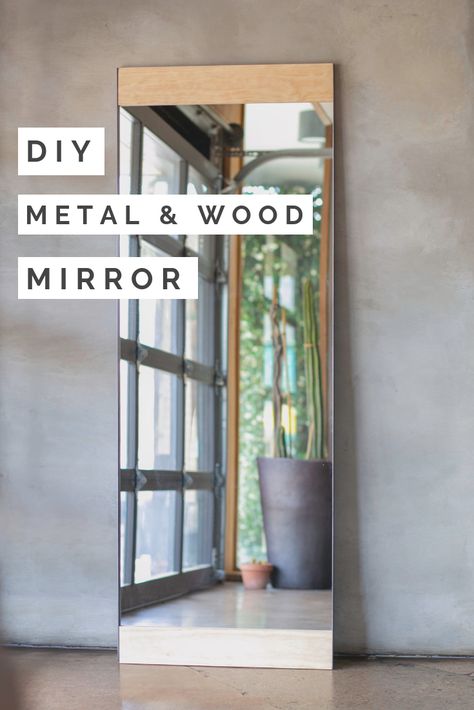 Learn how to build a modern metal and wood Floor Mirror for your home. Video tutorial available! Tall Mirror Frame Diy, Diy Metal Mirror Frame, Bedroom Floor Mirror Ideas, Organic Modern Mirror, Diy Floor Length Mirror, Diy Floor Mirror Frame, Mirror With Plants, Floor Mirror Diy, Diy Standing Mirror