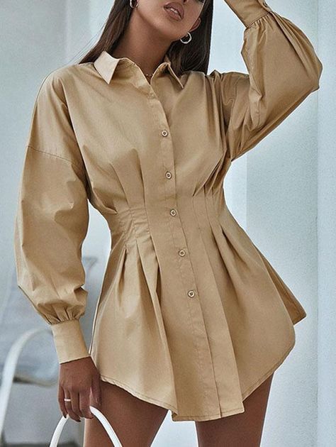 Blouses Vintage, Pleated Shirt Dress, Pleated Shirt, Shirt Dress Casual, Khaki Dress, Dress Shirts For Women, White Shirt Dress, Mini Shirt Dress, Long Sleeve Bodycon Dress