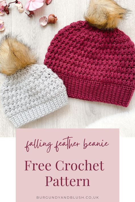 A free crochet beanie pattern in baby, children and adult sizes using the feather stitch with a video tutorial too! Bean Stitch Crochet Hat, Faux Fur Crochet Hat, Winter Hat Crochet Pattern Free, Baby Beanie Crochet Pattern Free, Feather Stitch Crochet, Easy Crochet Beanie Pattern Free, Crochet Fall Patterns, Baby Crochet Hat Pattern, Stitch Crochet Hat Pattern