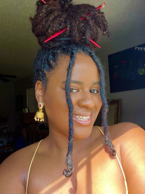 Bun With Chopsticks Hairstyles, Locs And Chopsticks, Messy Bun With Chopsticks, Bun With Chopsticks, Locs Bun With Bangs, Chopstick Hairstyles, Locs And Claw Clips, Loc Bun, Bun Styles