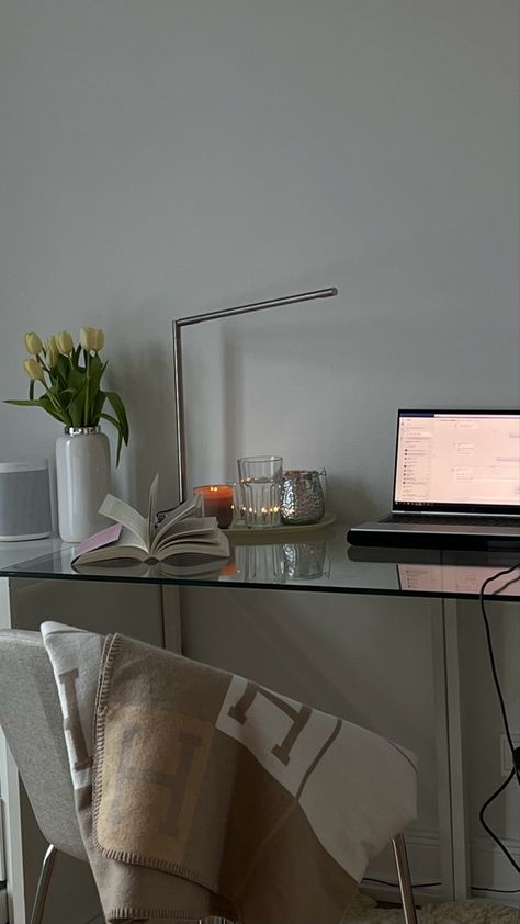 Desk Area In Living Room Apartment, Urban Modern Desk, Desk Table Aesthetic, Glass Desk Setup, Laptop Desk Aesthetic, Glass Desk Aesthetic, Old Money Desk, Desk Area Aesthetic, Aesthetic Desk Area