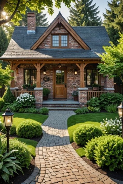 Houses Before And After, Cute Small Brick House, New Build Brick House, Cottage Style Brick House, Tiny Brick House Exterior, New England Brick House, Romantic Cottage Exterior, Brick Cabin House, Brick House Wood Porch