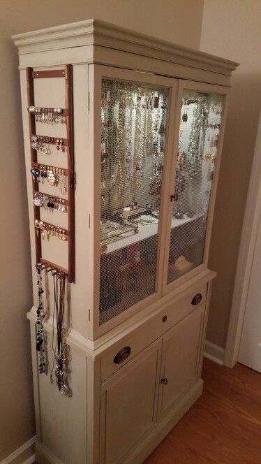 My repurposed 1950s China cabinet, now my  beautiful new Jewelry Armoire! Armoire Into Jewelry Cabinet, China Cabinet Closet, China Cabinet Storage Ideas, Hutch Jewelry Display, Dresser Jewelry Display, Cute Jewelry Storage, Jewelry Armoire Repurpose, Large Jewelry Collection Storage, Diy Jewelry Storage Ideas