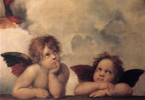 Raphael painting defiantly focus's on the two babes faces I mean look at there eyes were are they looking to? I really like this painting because it has character. Raphael Paintings, Raphael Sanzio, Raphael Angel, Sistine Madonna, I Believe In Angels, Angels Among Us, Sistine Chapel, Guardian Angels, Angel Pictures