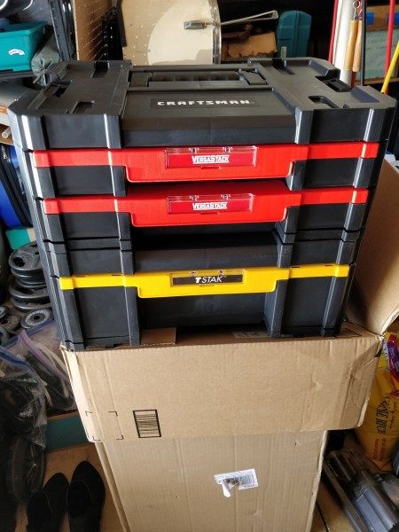 Craftsman Versastack and Dewalt Tstak drawers for days - Dewalt - Power Tool Forum – Tools in Action Dewalt Tstak Storage Ideas, Craftsman Versastack Ideas, Dewalt Tool Storage, Dewalt Storage, Dewalt Tstak, Tools Storage, Dewalt Tools, Dewalt Power Tools, Furniture Wood