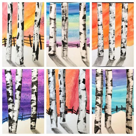 Art with Mrs. Nguyen on Instagram: “❤ REPOST: LOVE these winter birch trees by @lindalou_62 's students! Such a GORGEOUS classic winter project! 😍 Check out her feed!…” 2nd Grade Watercolor, Winter Birch Tree Art For Kids, Watercolor Birch Trees, Winter Birch Trees, Color Art Lessons, Birch Trees Painting, Winter Art Lesson, 7th Grade Art, Birch Tree Art