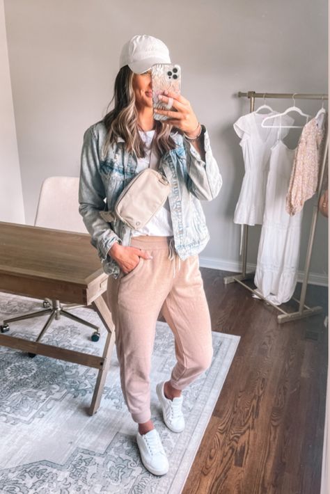 Athletic Jacket Outfit, How To Wear Belts, Belt Bag Outfit, White Shorts Outfit, Edgy Leather Jacket, Lululemon Outfits, Everywhere Belt Bag, Bag Outfit, Joggers Outfit