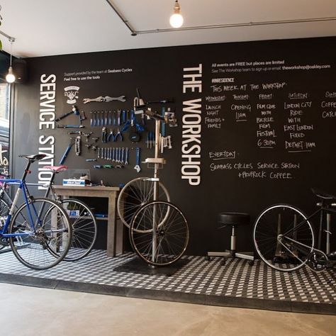 The Oakley #InResidence London workshop; helping to keep those wheels turning. by oakleybike Bike Storage Room, Bicycle Cafe, Bicycle Garage, Coffee Bike, Bicycle Store, Bike Room, Industrial Style Kitchen, Garage Remodel, Bicycle Shop