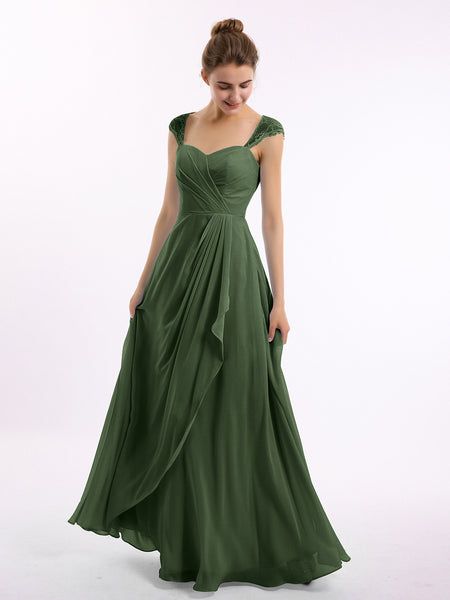 Bridesmaid Dresses Enchanted Forest, Bridesmaid Dresses Back Design, Strap Designs For Dress, Dark Green Chiffon Dress, Moss Green Prom Dress, Dark Sage Dress, Green Gown With Ruched Bodice And Sweetheart Neckline, Green Evening Dress With Ruched Bodice And Sweetheart Neckline, Chiffon Gown With Fitted Ruched Bodice