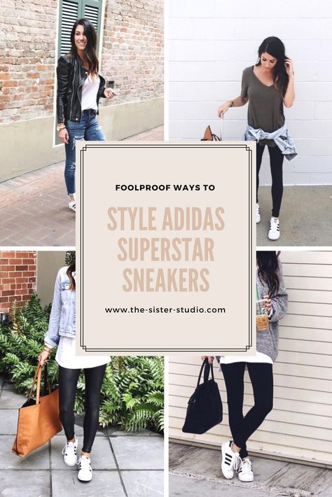 Foolproof ways to style Adidas Superstar Sneakers - www.the-sister-studio.com How To Style Adidas Sneakers, Outfits With White Adidas Shoes, How To Wear Adidas Sneakers, Outfits With Addis Shoes, How To Style Adidas Superstar, Adidas Shoe Outfits, Addidas Shoes Outfit Ideas 2023, Super Star Adidas Outfit, White Adidas Shoes Outfits