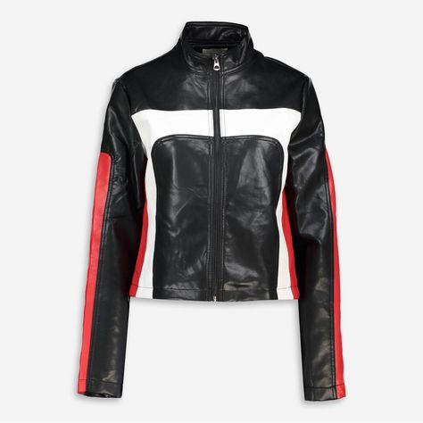 Racing Jacket Black Red And White Panels Long Sleeves Zipped Fastening Round Neckline Shell: 100% Polyurethane Lining: 100% Polyester Damp Wipe Clean Only Race Leather Jacket, Cropped Racing Jacket, Black And Red Leather Jacket, Red Racing Jacket, Racer Aesthetic, Black Racing Jacket, F1 Jacket, Harley Quinn Jacket, Moto Clothes