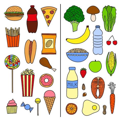 Food Unhealthy, Healthy Food Activities For Preschool, Healthy Food Pictures, Healthy Food Activities, Healthy And Unhealthy Food, Food Activities, Preschool Colors, Food Cartoon, Kindergarten Learning Activities