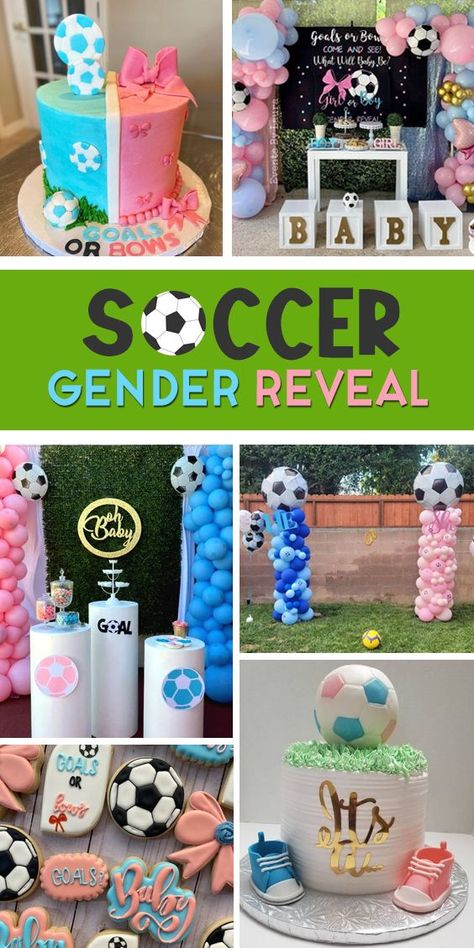 Soccer Gender Reveal Invitations, Soccer Themed Gender Reveal Party, Gender Reveal Ideas For Party Soccer, Soccer Or Bows Gender Reveal, Soccer Gender Reveal Decorations, Goals Or Bows Gender Reveal Decorations, Sporty Gender Reveal Ideas, Goals Or Bows Gender Reveal Cake, Soccer Gender Reveal Ideas For Party