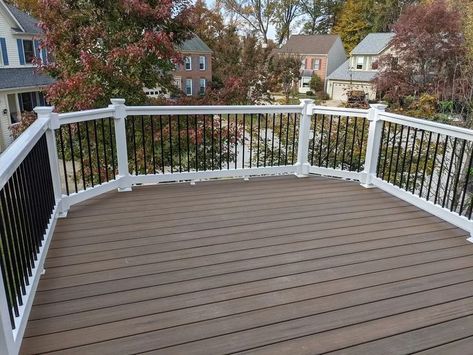 Many of our Maryland customers contact fence & deck connection with the vision of designing a new outdoor gathering space that has the classic look of a wood deck. Wood Deck With White Railing, Wood Deck White Railing, Wood Deck With Composite Railing, White Cable Railing Deck, Trex Deck Designs, Brown Composite Deck With White Railing, Outdoor Gathering Space, Deck Installation, Trex Deck