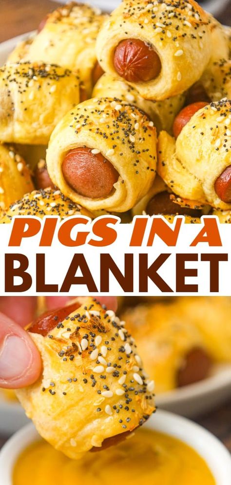 Pigs in a Blanket are a delicious bite sized party food or kid friendly dinner recipe using wieners and Pillsbury crescent roll dough topped with poppy seeds, sesame seeds and dehydrated minced onions. Crescent Roll Pigs In A Blanket Recipe, Hot Dogs And Crescent Rolls, Crescent Roll Hot Dogs Pigs In A Blanket, Crescent Roll Pigs In A Blanket, Easy Pigs In A Blanket Recipe, Pigs In A Blanket Recipe With Hot Dogs, Pigs In A Blanket Crescent Rolls, Hot Dogs In Crescent Rolls, Mini Pigs In A Blanket