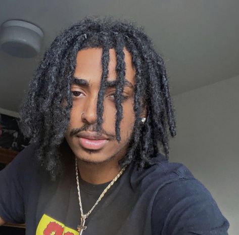 Guys Dreadlocks Style, Fluffy Dreads Men, Types Of Locs Men, Soft Locs Men, Thick Dreads Men, Fluffy Locs Men, Male Loc Hairstyles, Cute Black Men With Dreads, Locs No Middle Part