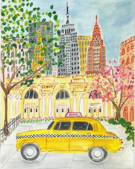 New from our artist, Lindsay Brackeen, a series of travel scenes. The NYC cab & a pink Charleston house are just the first two. NYC is… | Instagram Lindsay Brackeen, Charleston House, Yellow Cabs, Charleston Homes, Westchester County, Needlepoint Designs, First Second, Needlepoint Canvases, New York State