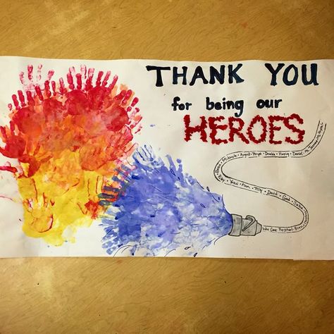 I took my preschoolers to the fire station to meet some of  the heroes of our city- firemen! We made a large thank you card for them! The fire and water are made of handprints and the hose is made from their names! Thank you to all those who dedicate their lives to helping others Preschool Community Helpers, Fire Safety Preschool Crafts, Fire Safety Crafts, Fire Safety Theme, Fire Safety Activities, Fire Safety Preschool, Firefighter Crafts, Safety Crafts, Fire Safety Week