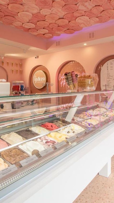 Pink Ice Cream Shop, Themes To Draw, Korean Ice Cream, Parlour Design, Ice Cream Background, Ice Cream Place, Ice Cream Business, Pink Ice Cream, Gelato Shop