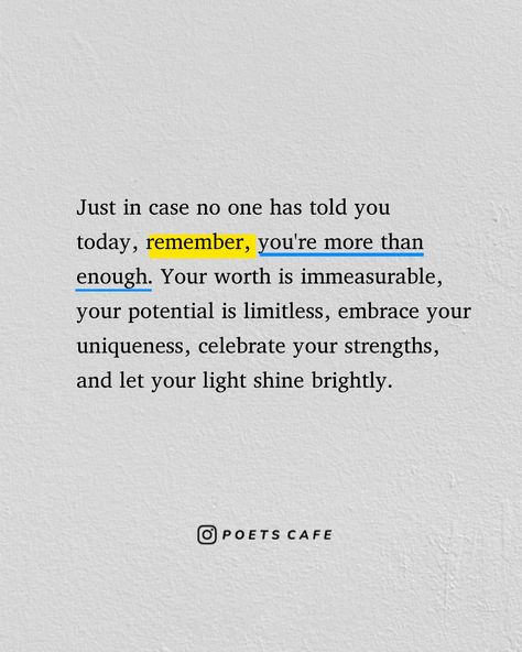 Just in case no one has reminded you today, allow me to say it loud and clear; YOU are beyond enough. Your worth knows no bounds, and your potential is boundless. Embrace every facet of your uniqueness, for it is what sets you apart. Celebrate the strengths that make you shine, and never dim your light for anyone. Today and every day, let your brilliance illuminate the world. ✨🌈 Let Your Light Shine Quotes, Light Shine Quotes, Enough Quotes, Dim Your Light, Shine Quotes, Enough Is Enough Quotes, Ill Be Okay, Loud And Clear, Insta Captions