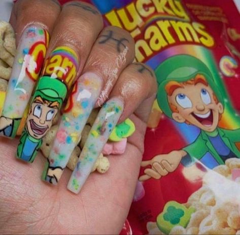 St Patrick Day Nails Acrylic, Charm Nails, Cartoon Nail Designs, Crazy Nail Designs, Food Nails, St Patricks Day Nails, Sculpted Nails, Nail Salon Design, Drip Nails