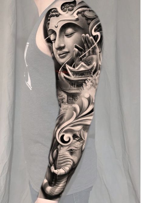 Realism Buddha Tattoo, Buddha Sleeve Tattoo, Ganesha Tattoo Sleeve, Buddhist Tattoo Sleeve, Buda Tattoo, Buddha Tattoo Sleeve, Geometric Tattoo Sleeve Designs, Mangas Tattoo, Buddhist Tattoo