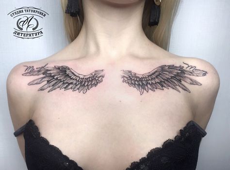 Angel Wings Tattoo Shoulder Blades, Wing Collar Bone Tattoo, Angel Wings Chest Tattoo Female, Wing Tattoo Chest, Wings On Chest Tattoo, Angel Chest Tattoo, Angel Wings Tattoo Shoulder, Angel Wings Chest Tattoo, Chest Tattoo Wings