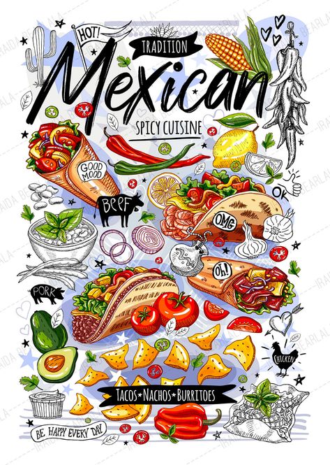 Mexican Food Painting, Mexican Food Illustration Art, Food Posters Illustration, Mexican Restaurant Graphic Design, Mexican Food Illustration, Mexican Food Drawing, Mexican Food Art, Mexican Poster, Mexican Graphic Design