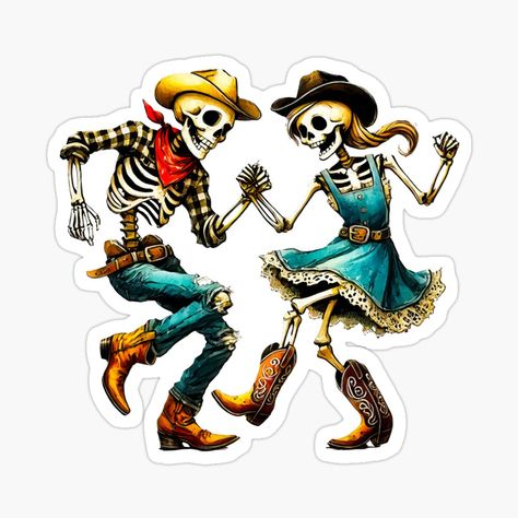 Get my art printed on awesome products. Support me at Redbubble #RBandME: https://www.redbubble.com/i/sticker/Country-Line-Dancing-Skeleton-Couple-Western-Halloween-Art-by-maloneyman/163944481.EJUG5?asc=u Couple Western, Valley Of Dry Bones, Skeleton Cowboy, Skeleton Dancing, Flash Ideas, Country Line Dancing, Skeleton Couple, Country Line, Dry Bones