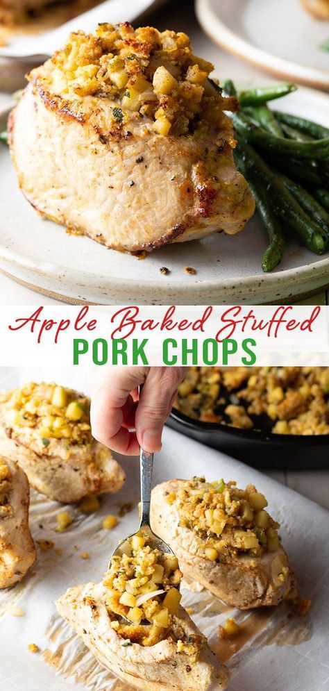 Apple Stuffing Pork Chops, Apple Stuffed Pork Chops, Apple Pork Chops Baked, Baked Stuffed Pork Chops, Oven Pork Chops, Thick Cut Pork Chops, Perfect Pork Chops, Center Cut Pork Chops, Stuffed Pork Chops