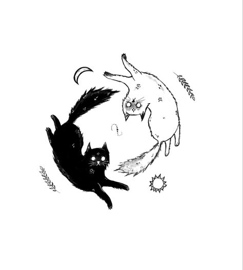 Ting Yang Cat Tattoo, Black And White Cat Tattoo Ideas, Cats Ying Yang, Black And White Cats Tattoo, Black Cat And White Cat Tattoo, Cat Yin And Yang, Yin Yang Animals, Black Cat And White Cat Drawing, Cat Sun And Moon Tattoo