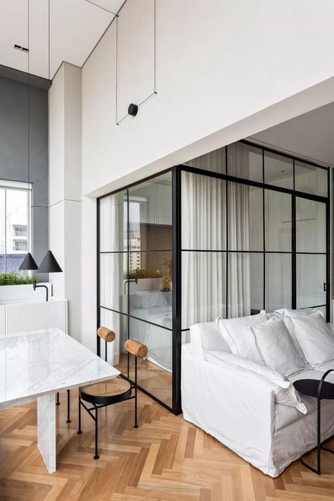 Glass Sliding Doors, Studio Apartment Design, Doors Modern, Condo Interior, Interior Vintage, Small Apartment Design, Living Room Trends, Bohemian Bedroom Decor, Simple Living Room