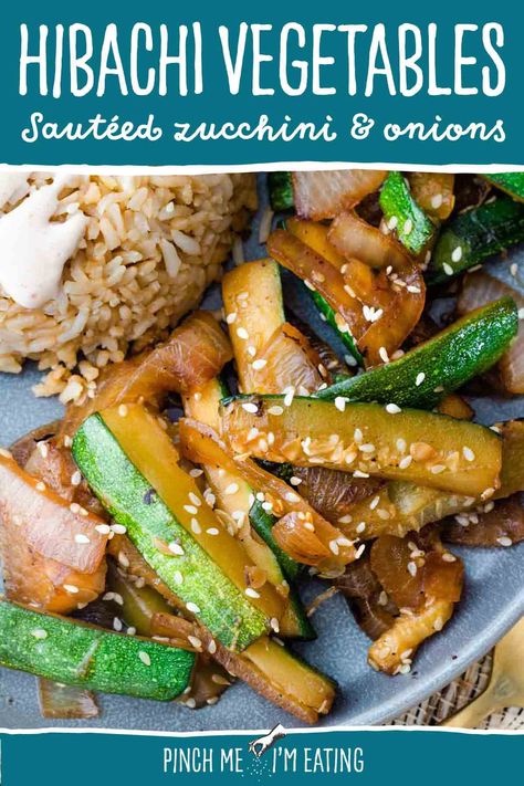 Make these homemade hibachi vegetables in just 15 minutes! With a simple ingredient list, these sautéed zucchini and onions are just like the hibachi veggies you'd find at a Japanese steakhouse like Benihana! Hibachi Chicken And Vegetables Blackstone, Hibachi Zucchini And Mushrooms, Hibachi Chicken And Zucchini, Hibachi Zucchini And Squash, Healthy Hibachi Chicken And Vegetables, Veggie Hibachi Recipes, Grilled Zucchini And Onions, Blackstone Hibachi Veggies, How To Make Hibachi Vegetables