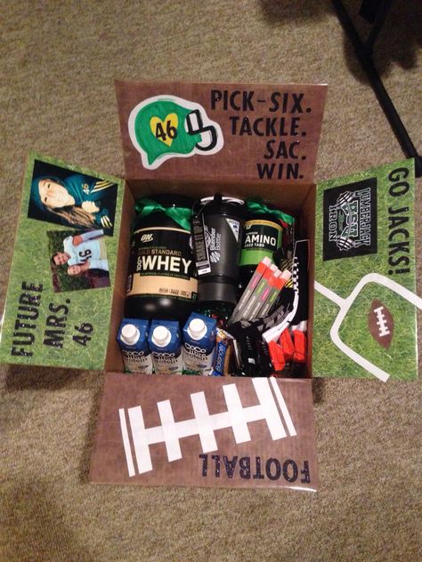 College Football Care Package                                                                                                                                                                                 More Football Care Package, Football Boyfriend Gifts, Football Gift Baskets, Football Player Boyfriend, Football Player Gifts, Football Girlfriend, Buddy Gifts, Boyfriend Gift Basket