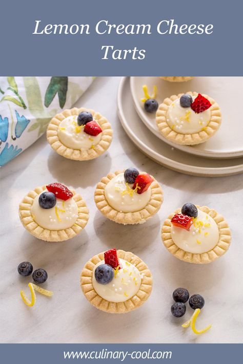 Nana's Lemon Cream Cheese Tarts | Culinary Cool www.culinary-cool.com Bakery Dollhouse, Cream Cheese Tarts, Cheese Tart Recipe, Cream Cheese Tart, Mini Tartlets, Miniature Desserts, Mini Tart Shells, Homemade Pies, Lemon Cream Cheese